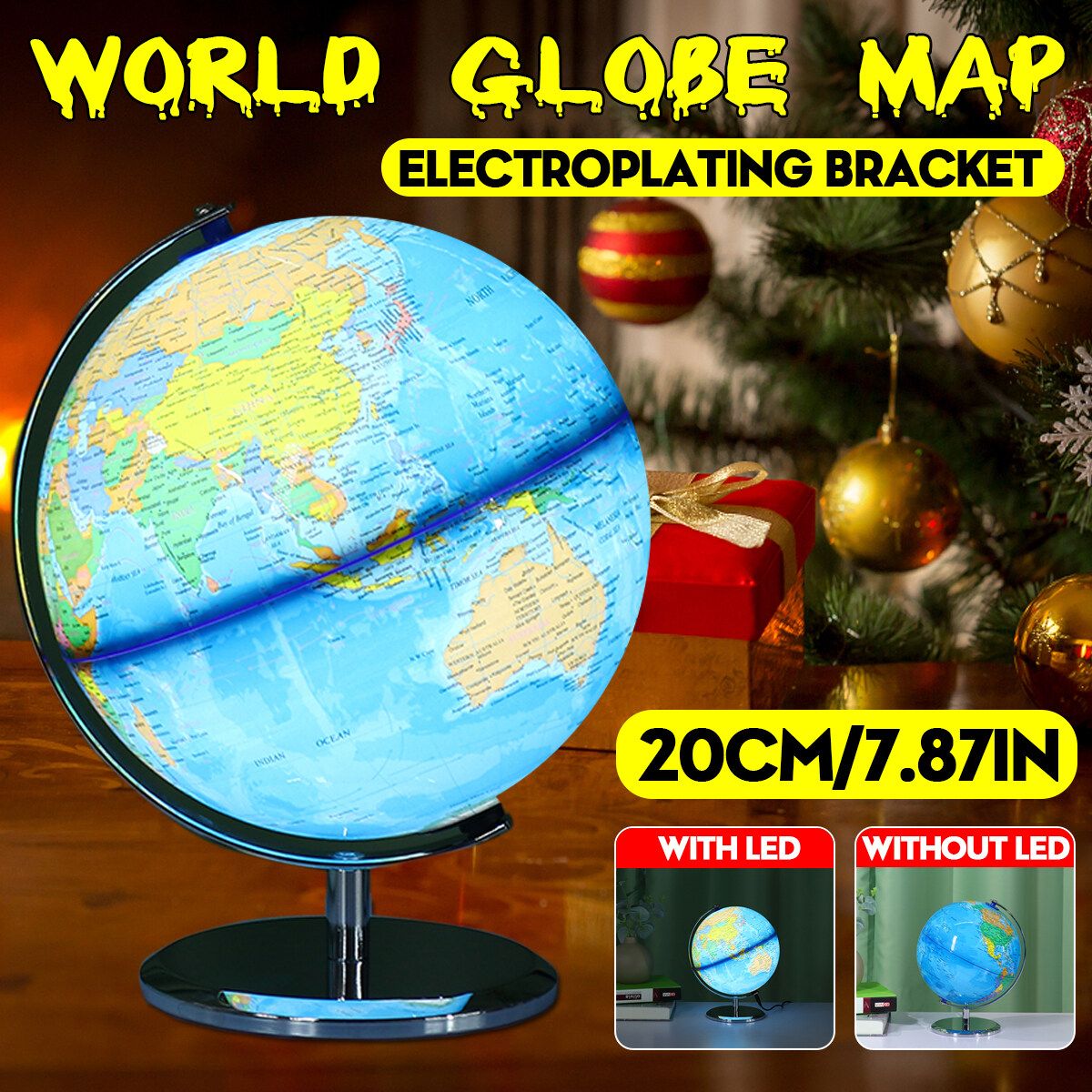 20cm 8inch Stand Rotating World Globe Map Kids Toy School Student Educational Gift With LED