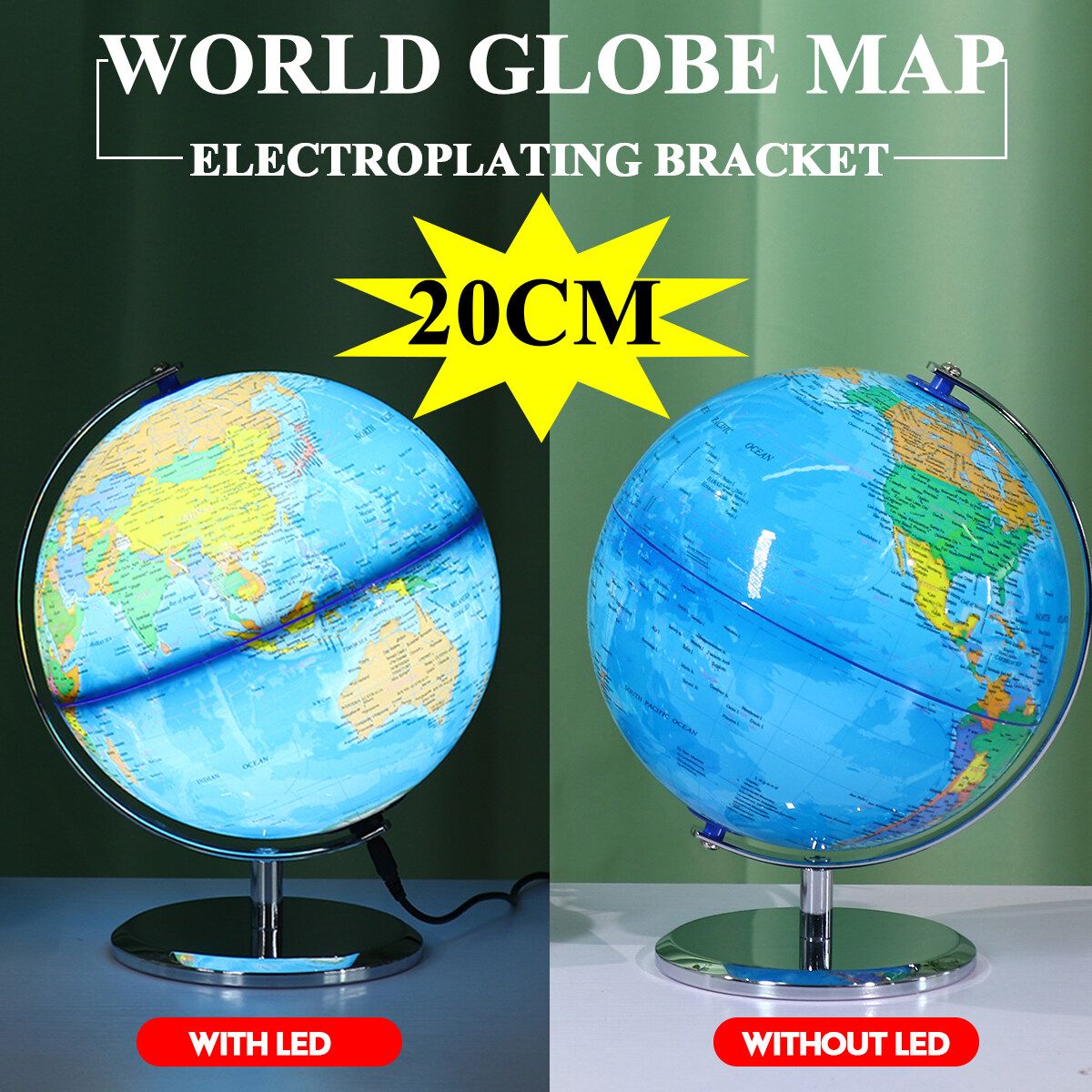 20cm 8inch Stand Rotating World Globe Map Kids Toy School Student Educational Gift With LED