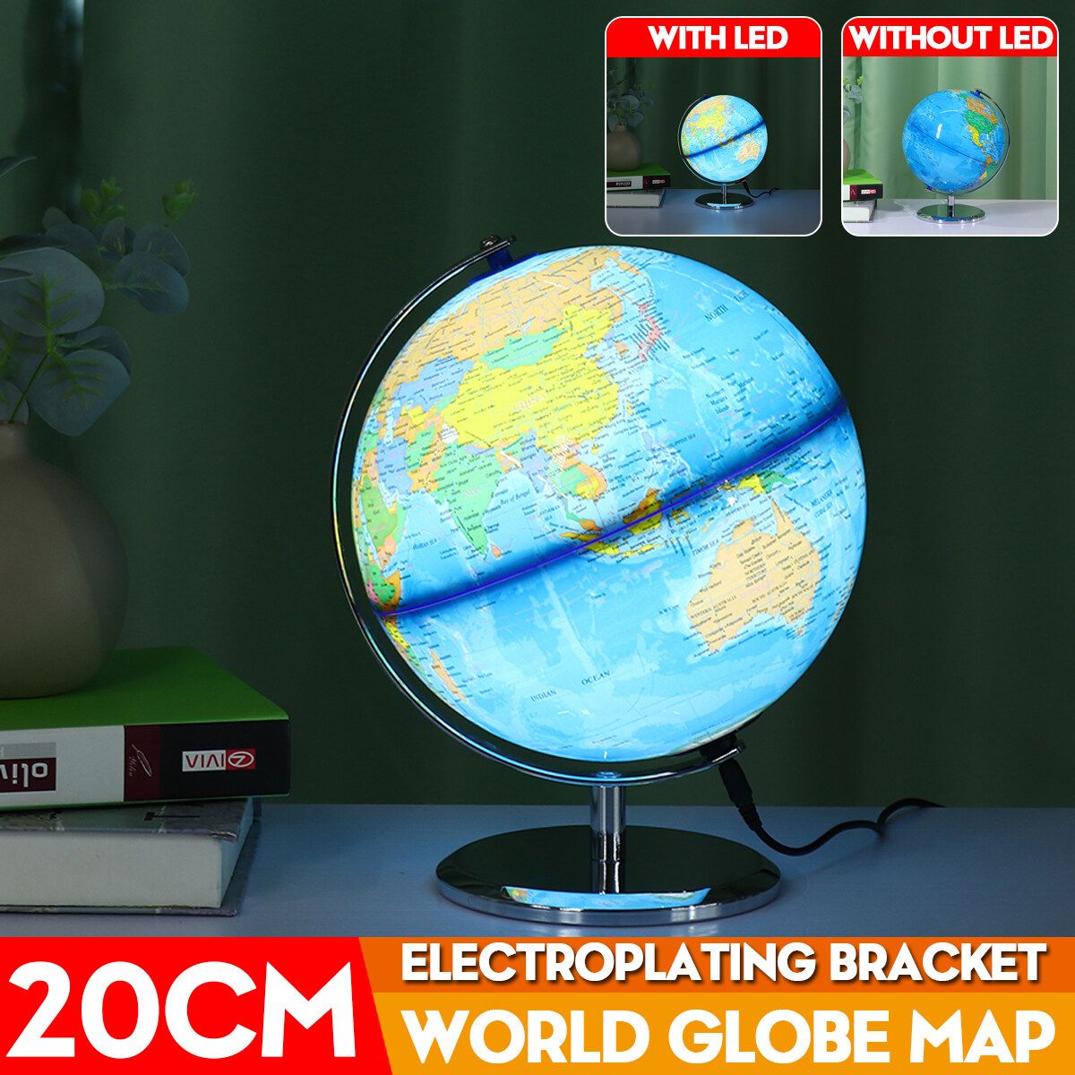 20cm 8inch Stand Rotating World Globe Map Kids Toy School Student Educational Gift With LED