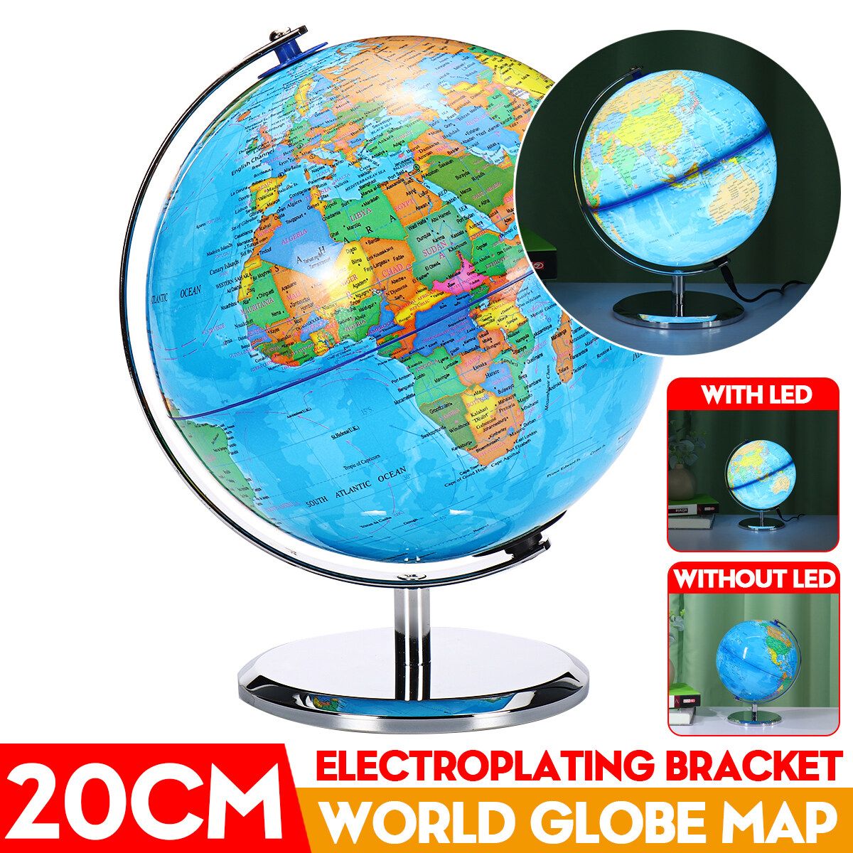 20cm 8inch Stand Rotating World Globe Map Kids Toy School Student Educational Gift With LED