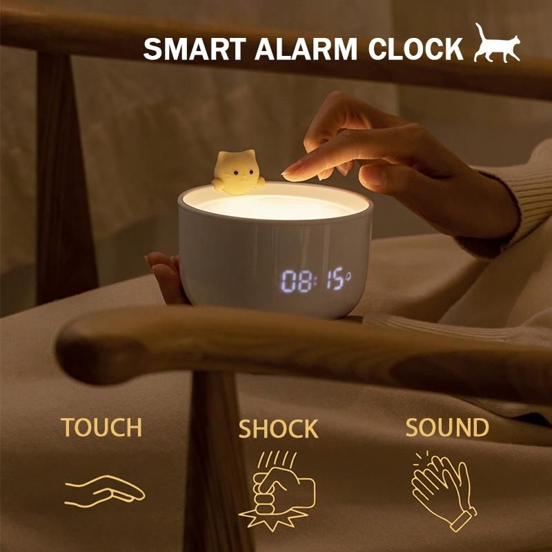LED Night Light Digital Alarm Clock USB Charging Three-level Dimming Cute Cat Baby Feeding Lamp Bedroom Kids Children Gifts