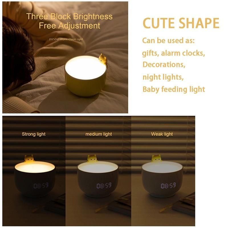 LED Night Light Digital Alarm Clock USB Charging Three-level Dimming Cute Cat Baby Feeding Lamp Bedroom Kids Children Gifts
