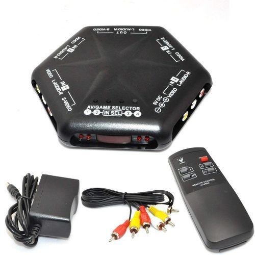 5 Ways 4 Port IN 1 Out Video Audio S-Video Game AV Switch Box Selector With Remote Control Av-666d Black