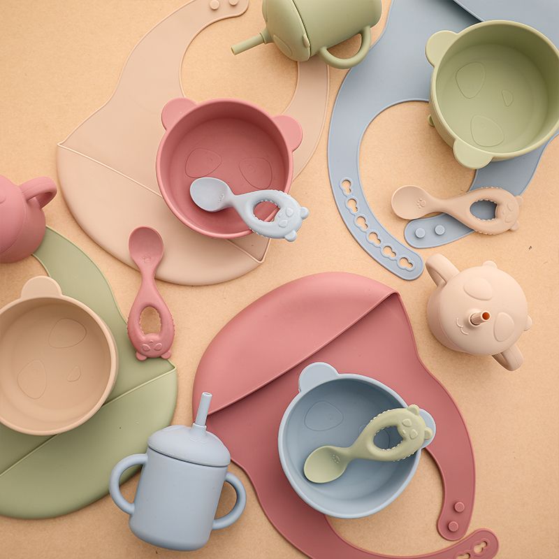 4PcsSet Baby Silicone Plate Spoon Set Baby Feeding Silicone