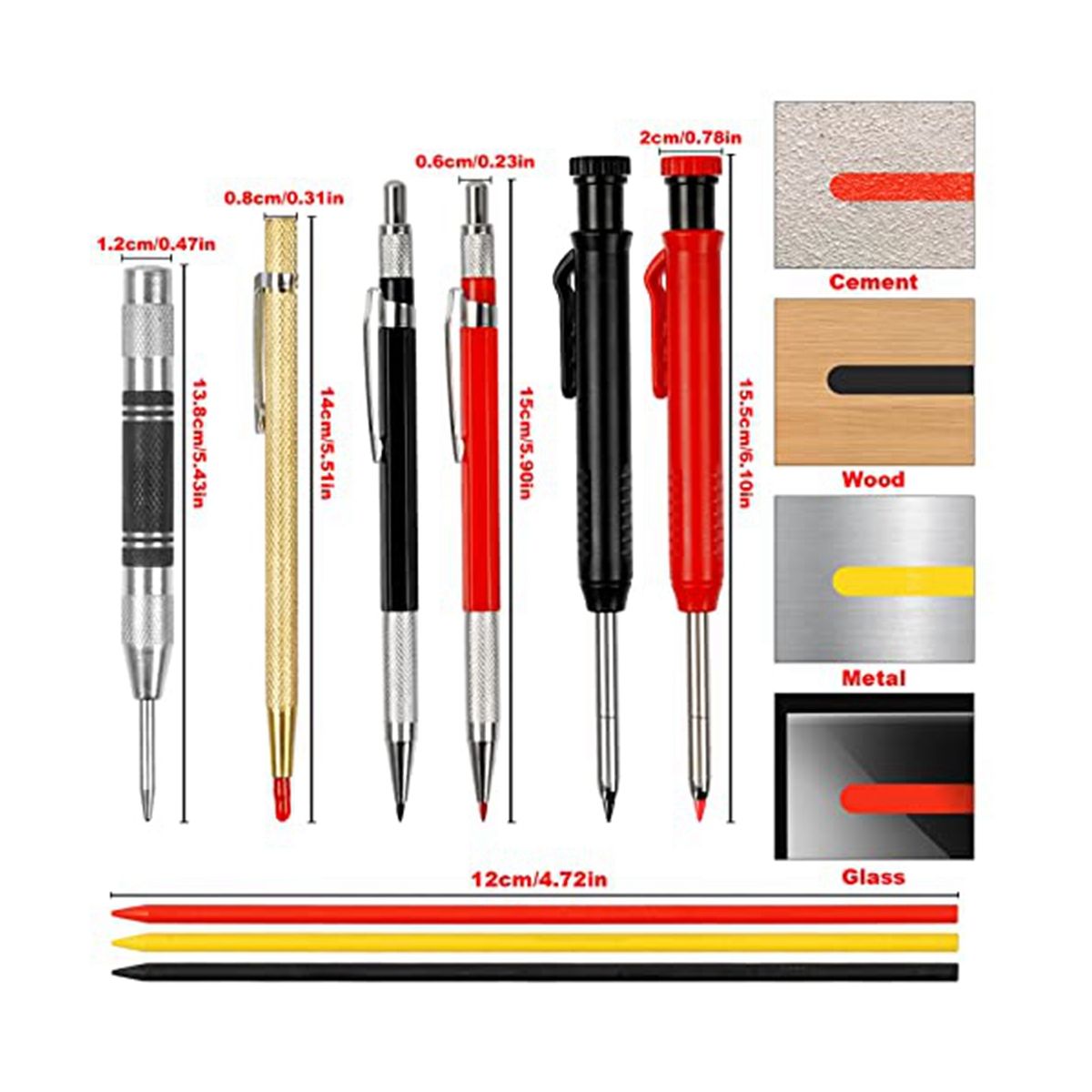10 Pack Carpenter Pencil with Sharpener, Mechanical Carpenter Pencils Set with 36 Refills, Deep Hole Marker