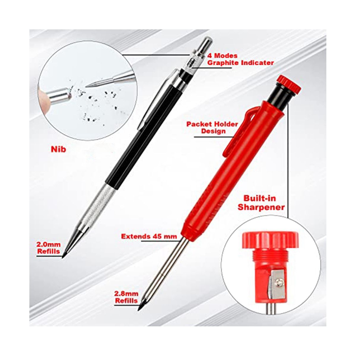10 Pack Carpenter Pencil with Sharpener, Mechanical Carpenter Pencils Set with 36 Refills, Deep Hole Marker