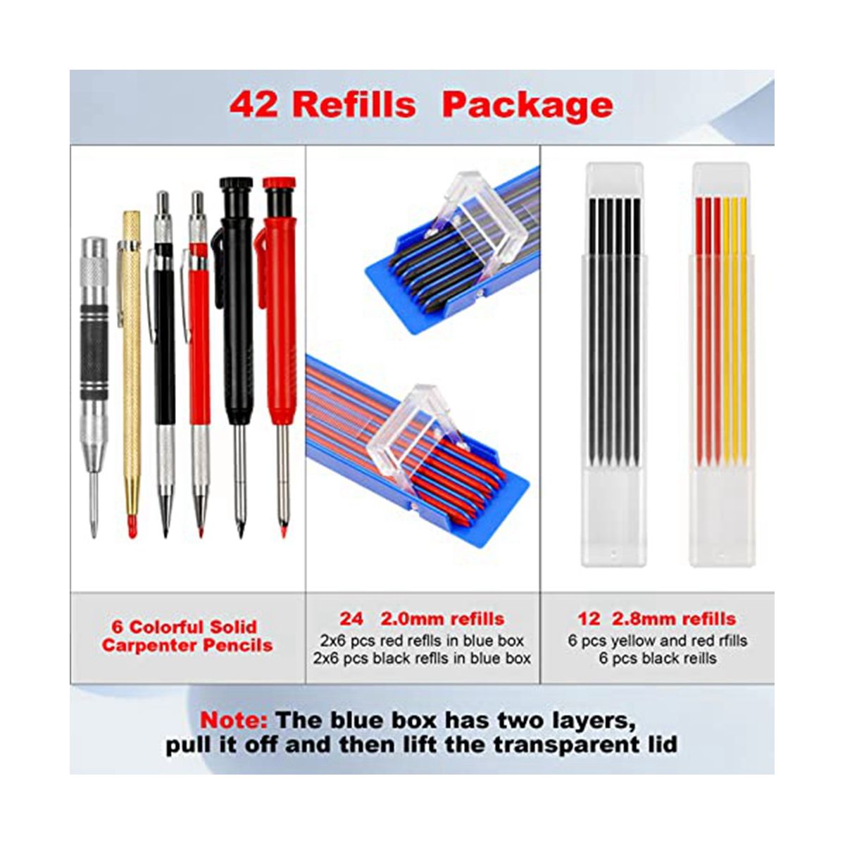 10 Pack Carpenter Pencil with Sharpener, Mechanical Carpenter Pencils Set with 36 Refills, Deep Hole Marker