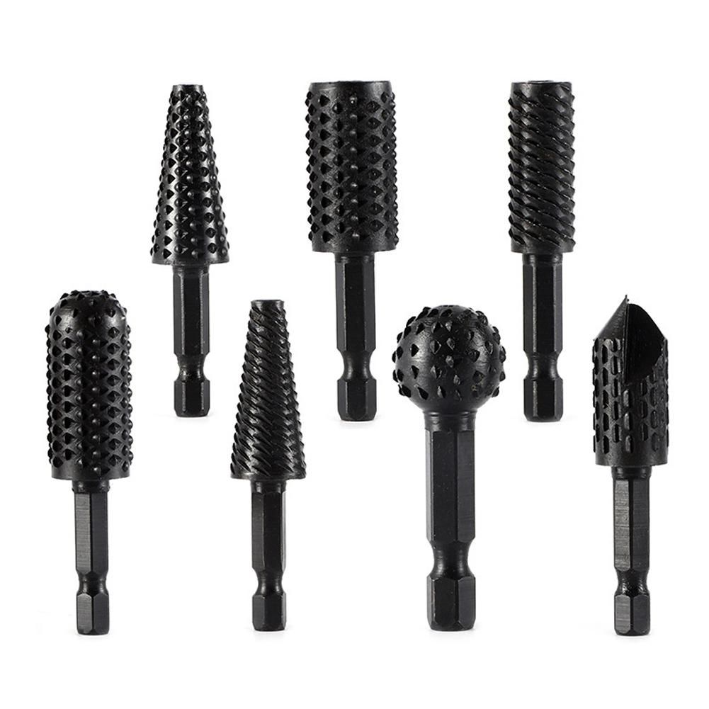 7 PCS 6.35mm Hexagonal Shank Woodworking Rotary Burr Set Carving Grinding Heads Set Wood Plastics DIY Grinding Craving Slotting High Carbon Steel Rotary Burr