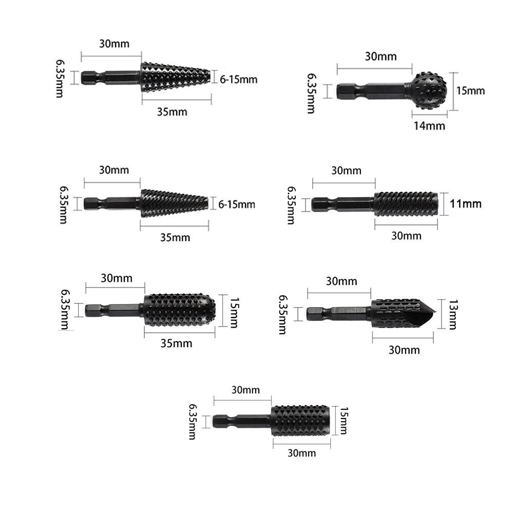 7 PCS 6.35mm Hexagonal Shank Woodworking Rotary Burr Set Carving Grinding Heads Set Wood Plastics DIY Grinding Craving Slotting High Carbon Steel Rotary Burr
