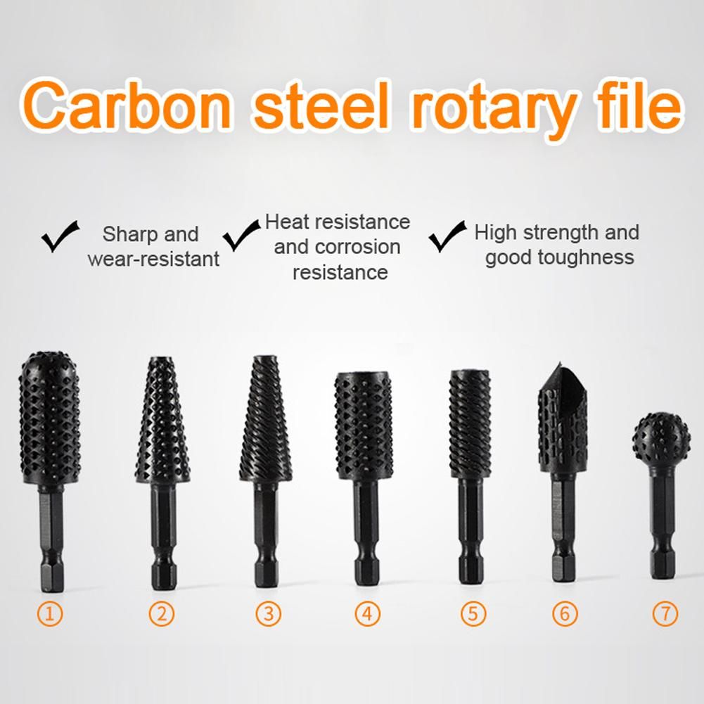 7 PCS 6.35mm Hexagonal Shank Woodworking Rotary Burr Set Carving Grinding Heads Set Wood Plastics DIY Grinding Craving Slotting High Carbon Steel Rotary Burr