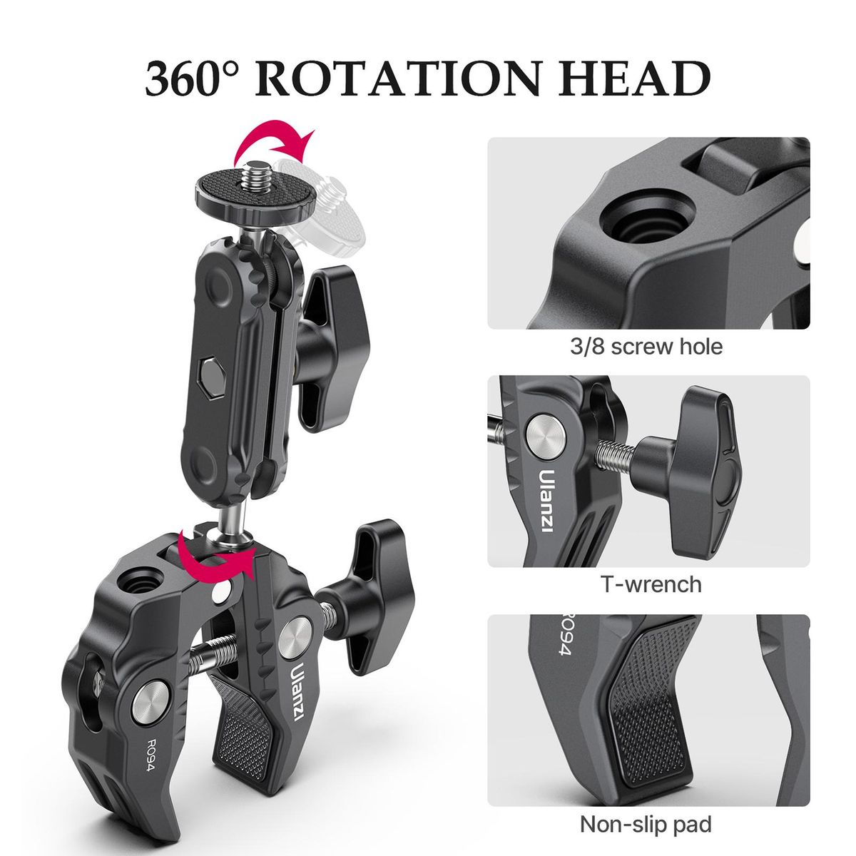 Ulanzi R094 Multi-functional Super Clamp Ball Mount Clamp Dual 360° Rotatable Ballhead Aluminum Alloy with 1/4 Inch Screw 3/8 Inch Thread 1.5kg Load Bearing