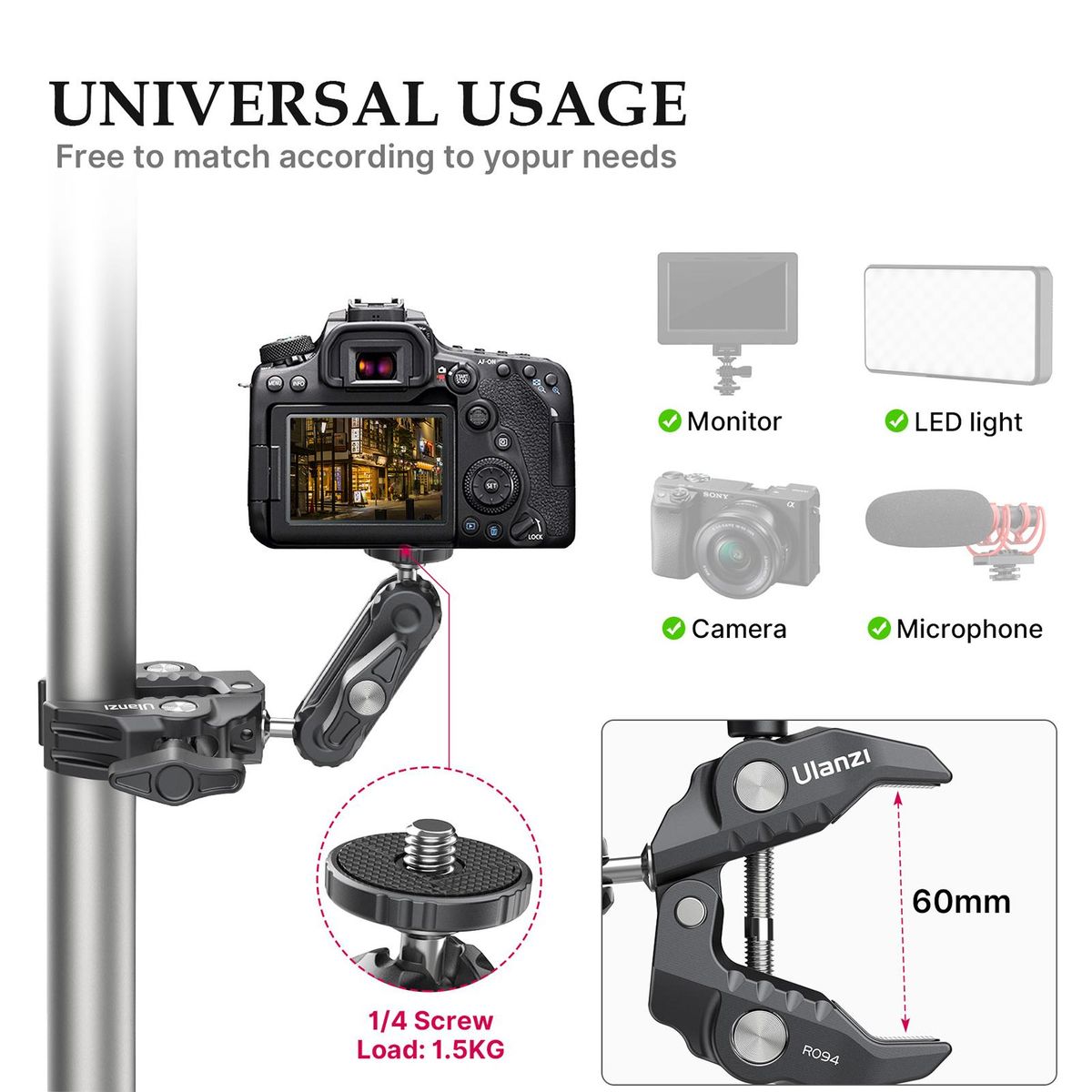 Ulanzi R094 Multi-functional Super Clamp Ball Mount Clamp Dual 360° Rotatable Ballhead Aluminum Alloy with 1/4 Inch Screw 3/8 Inch Thread 1.5kg Load Bearing