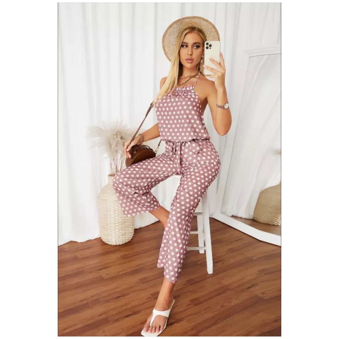 R Pink Polka Dot Chiffon Overall Jumpsuit
