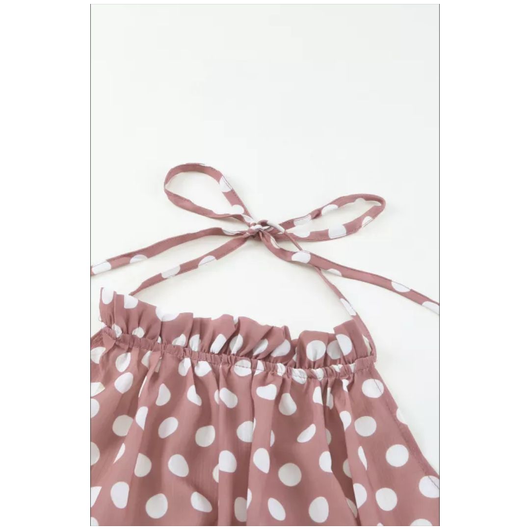 R Pink Polka Dot Chiffon Overall Jumpsuit