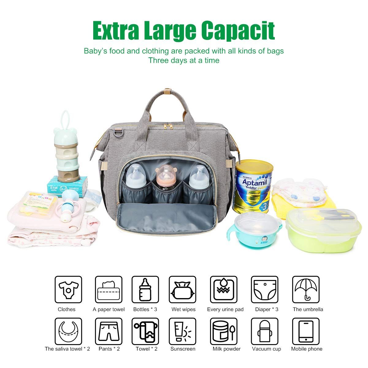 Backpack Foldable Baby Travel USB Diaper Bag Changing Bed