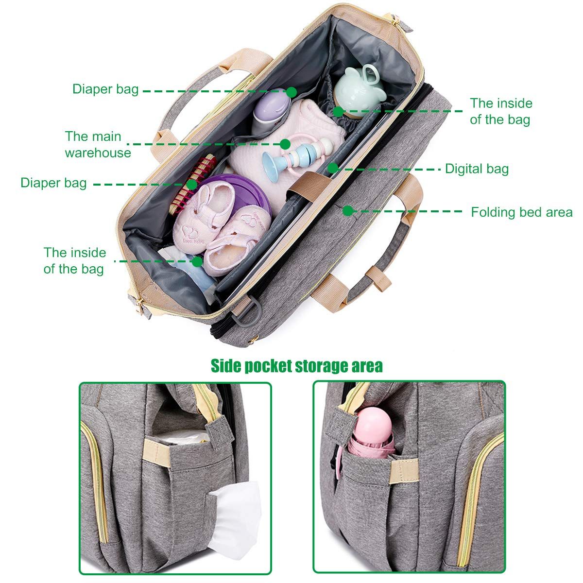 Backpack Foldable Baby Travel USB Diaper Bag Changing Bed