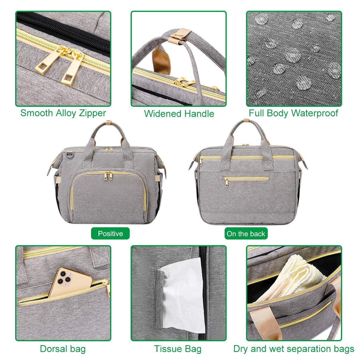 Backpack Foldable Baby Travel USB Diaper Bag Changing Bed