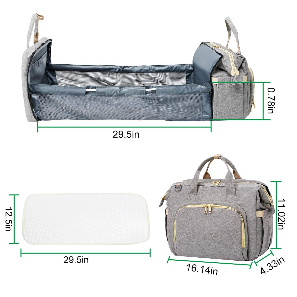 Backpack Foldable Baby Travel USB Diaper Bag Changing Bed