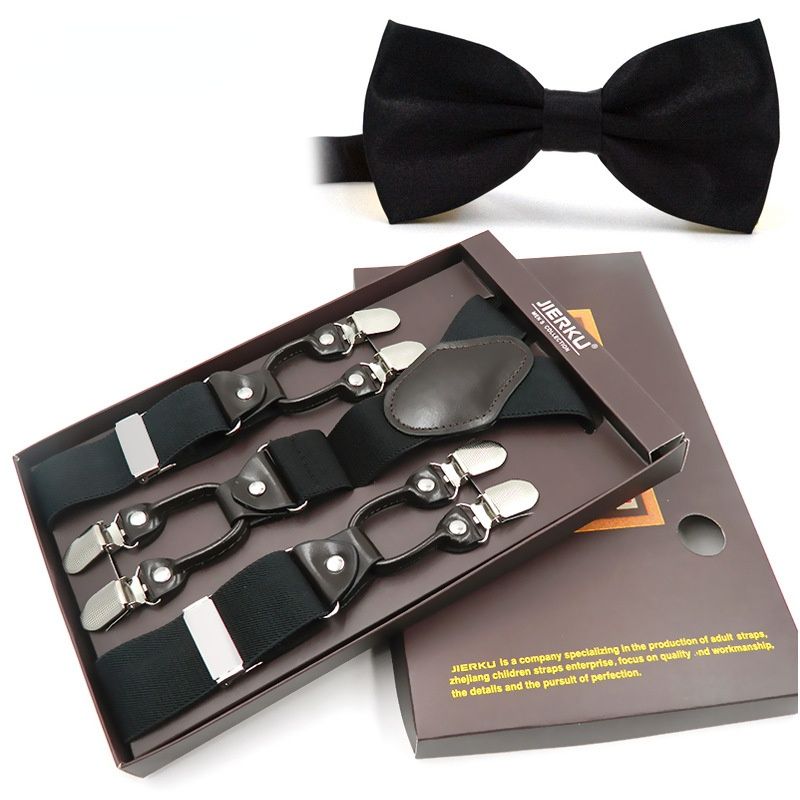 Adult Six Clips Men's Suspenders With Bow Tie 6 Clip Suit Elastic