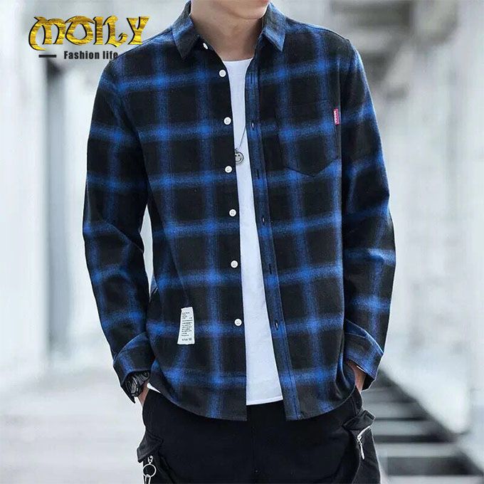 Men's Casual Fashion Plaid Long Sleeve Shirt - Blue