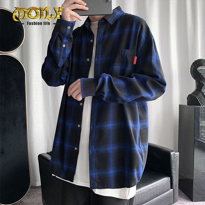 Men's Casual Fashion Plaid Long Sleeve Shirt - Blue