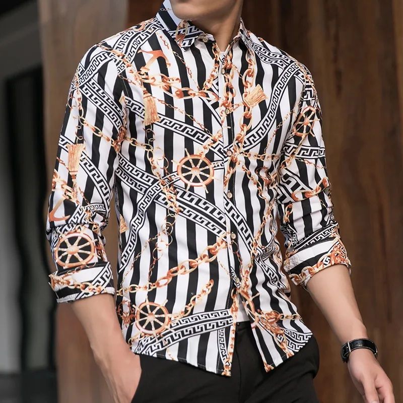 Men's Quality Slim Fit Long Sleeve Pattern Design Vintage Shirt