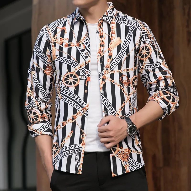Men's Quality Slim Fit Long Sleeve Pattern Design Vintage Shirt