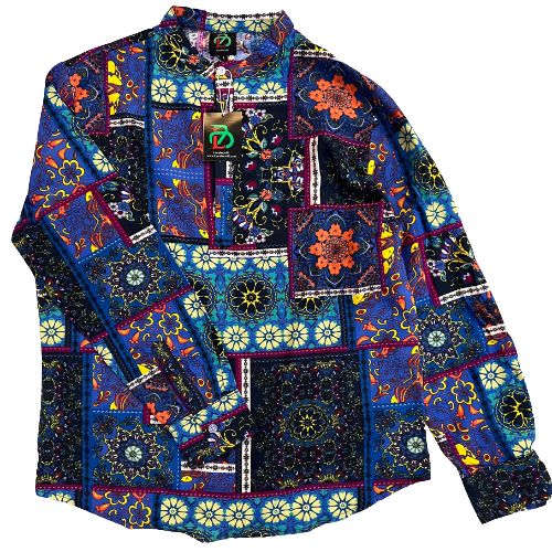 Men's Summer Hawaiian Beach Long Sleeves Flower Pattern Shirts-Blue