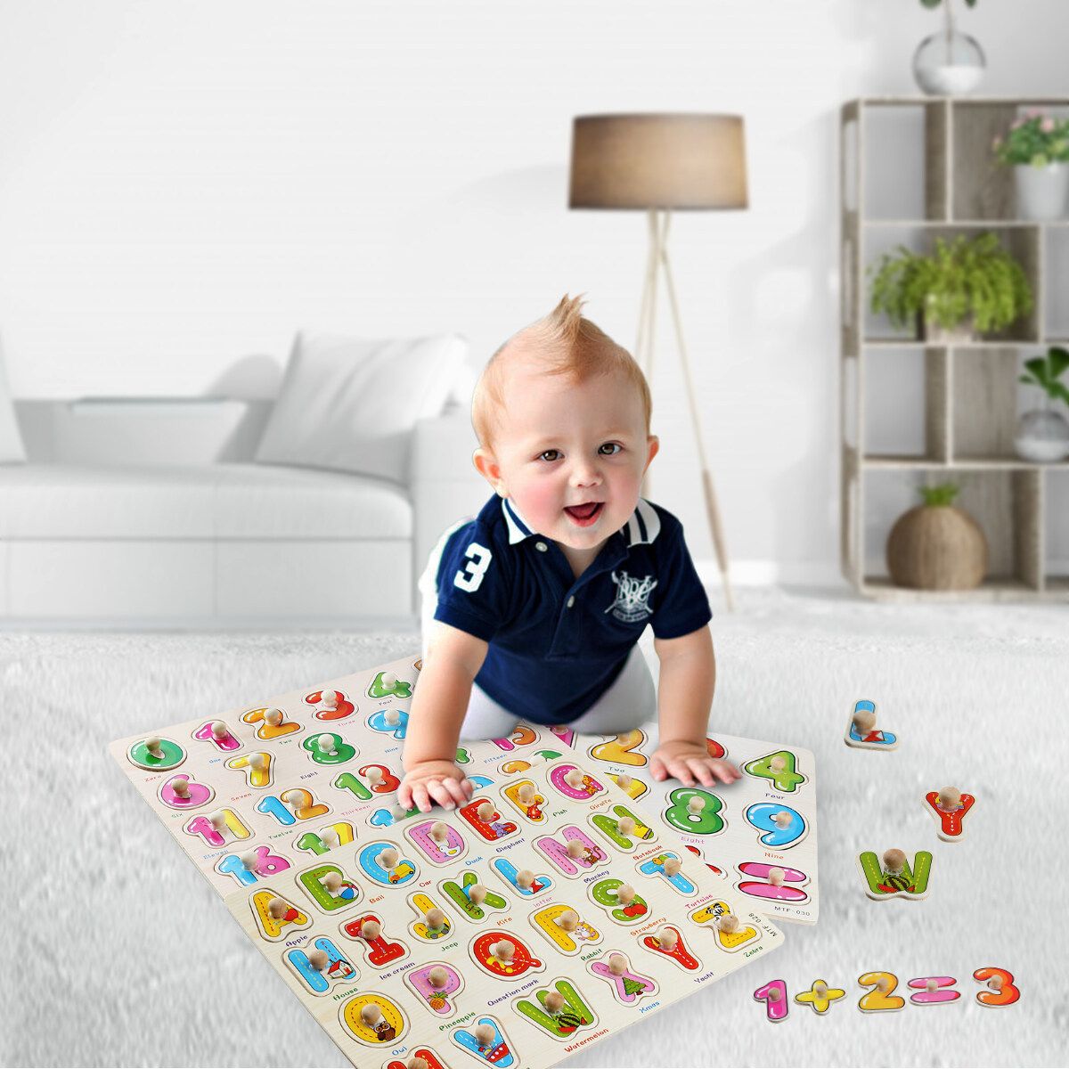 (30 X 22.2cm-Alphabet/Number/Math) Wooden Pegged Puzzle Set Inset Jigsaw Puzzle Learning Board Preschool Early Educational Development Toy Fun Game Gift For Kid Baby Toddler Maths