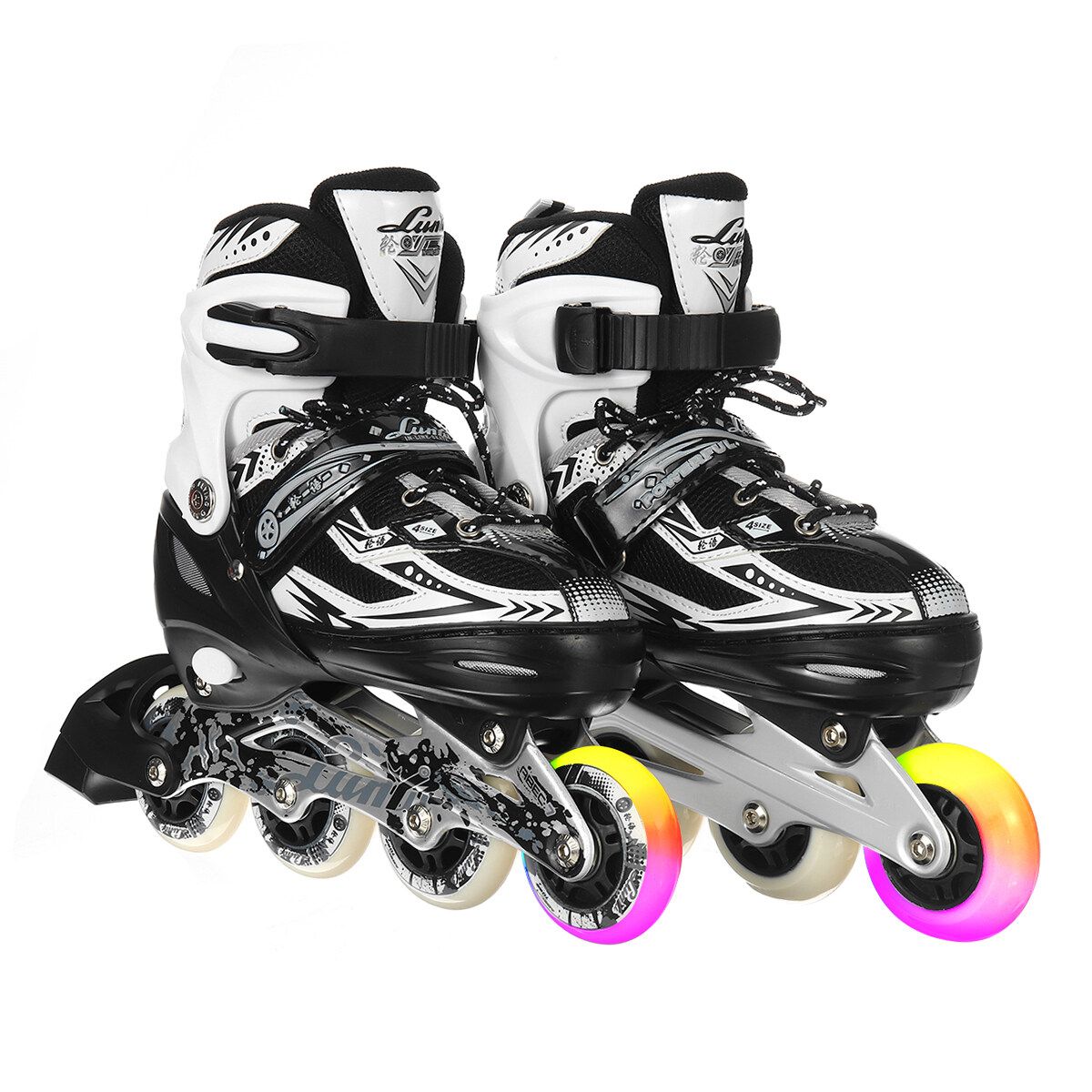(31-42 Size) S/M/L Flashing Unisex Adult/Kid Breathable Inline Speed Skates Roller 4 Wheels Skating Shoes Adjustable Protective Bracers LED Flash Wheels Skates Gifts For Girl Boy Safety Roller Skates Toys Black