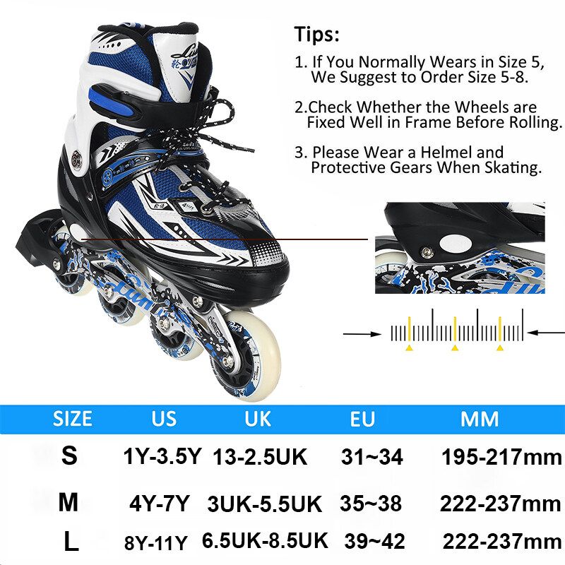 (31-42 Size) S/M/L Flashing Unisex Adult/Kid Breathable Inline Speed Skates Roller 4 Wheels Skating Shoes Adjustable Protective Bracers LED Flash Wheels Skates Gifts For Girl Boy Safety Roller Skates Toys Black