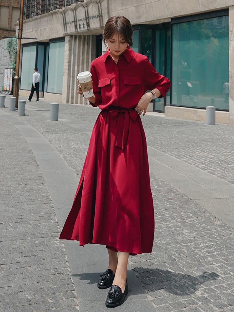Red Skirt Autumn 2020 New French Super Long Waist Shirt Dress Fairy Super Fairy Sweet Long Dress
