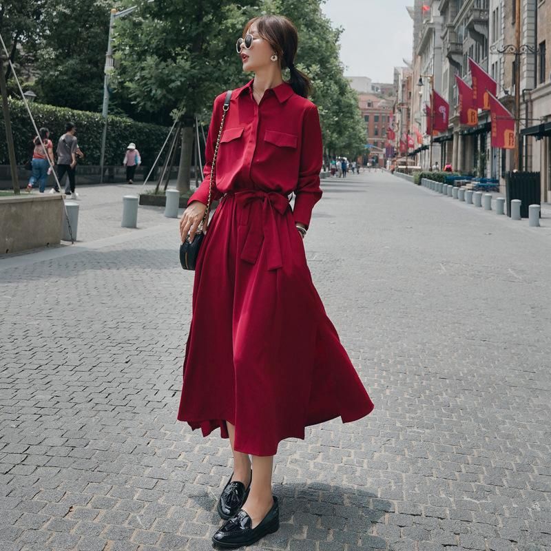 Red Skirt Autumn 2020 New French Super Long Waist Shirt Dress Fairy Super Fairy Sweet Long Dress