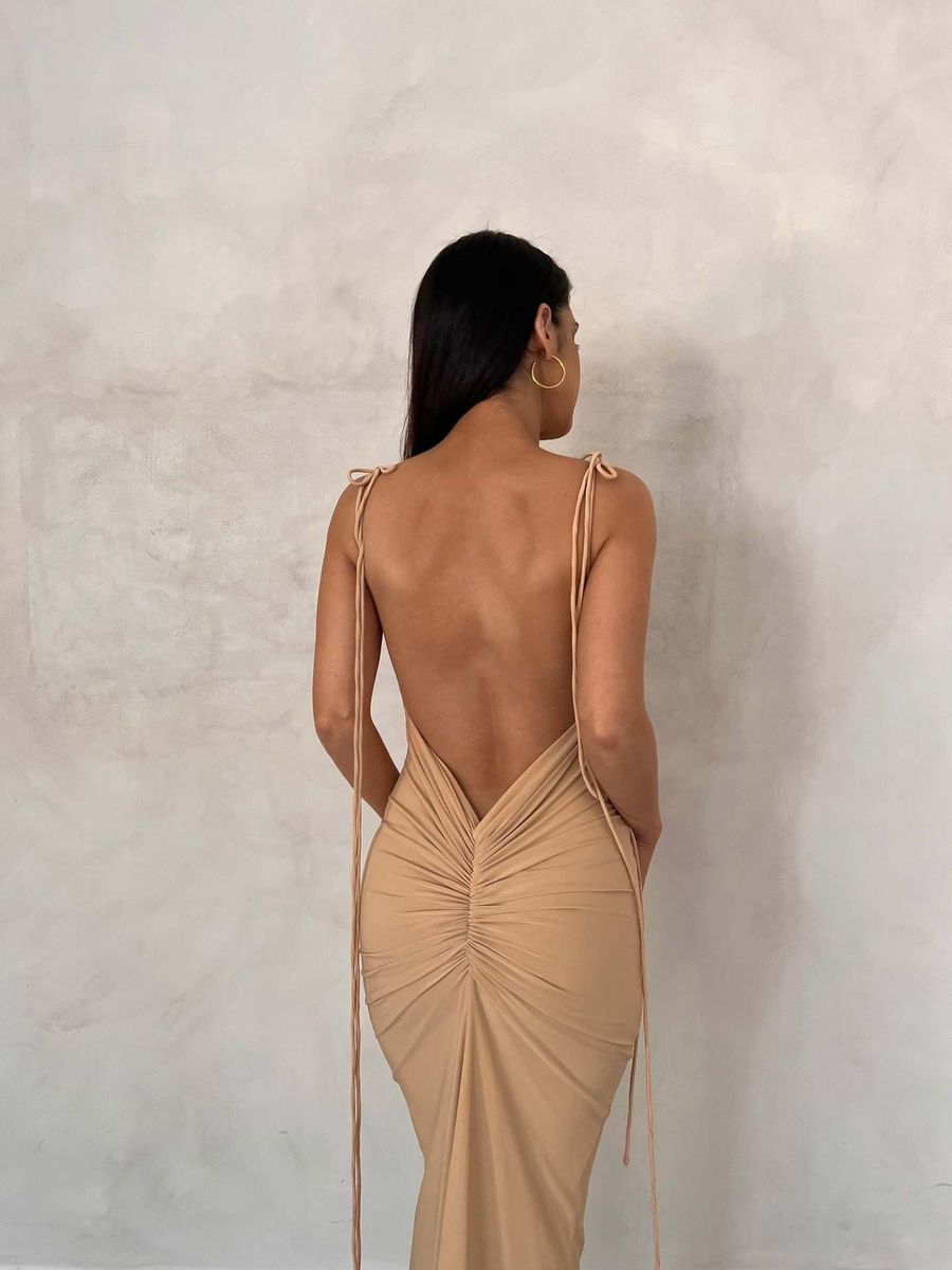 Wind Summer New Fashion Sexy Open Back Lace up Temperament Long Dress with Bra Hanging Neck Dress