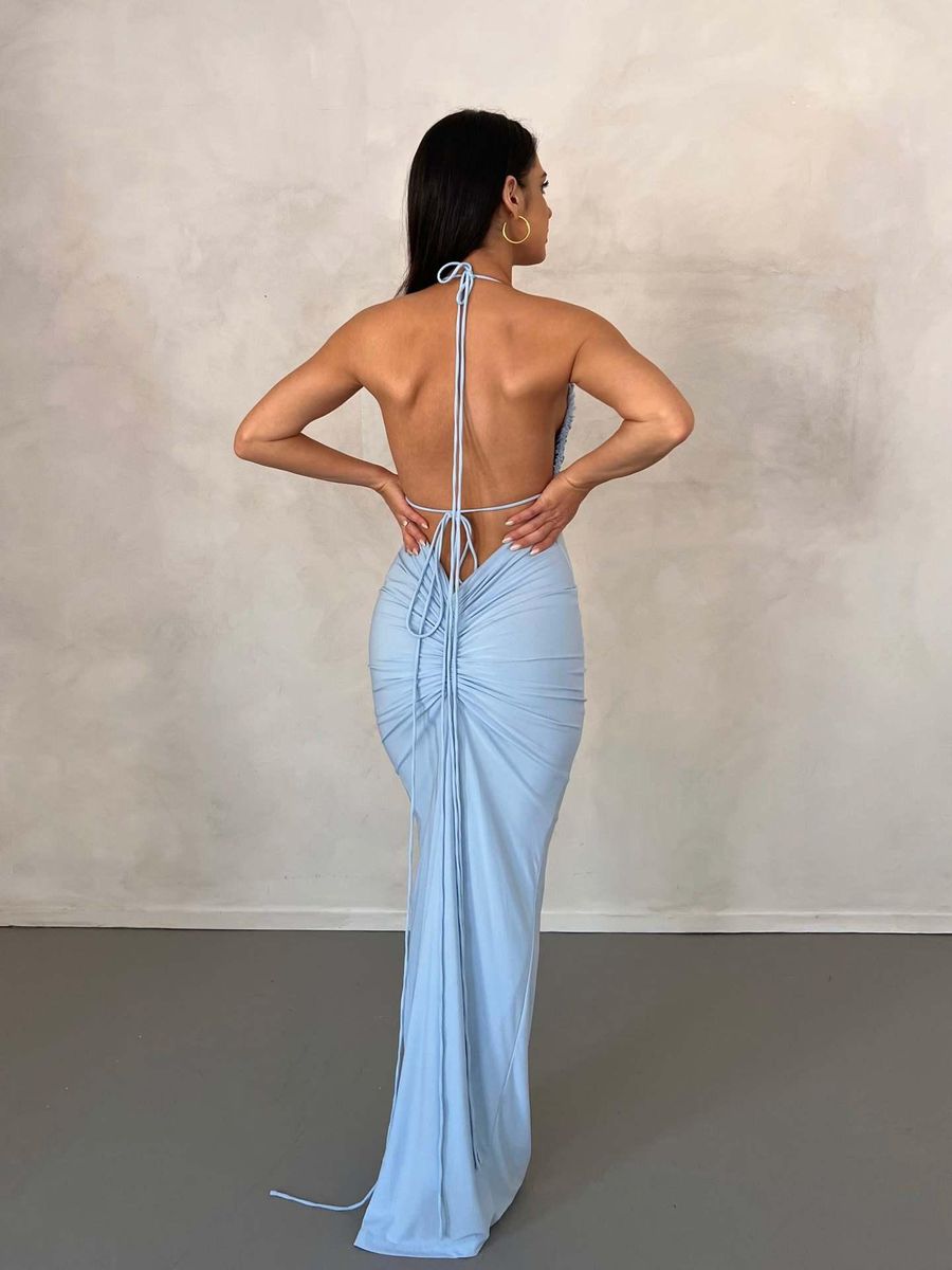 Wind Summer New Fashion Sexy Open Back Lace up Temperament Long Dress with Bra Hanging Neck Dress