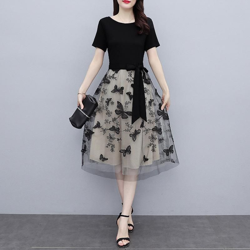 Embroidered Mesh Dress Women's Short Sleeve 2021 Summer New Celebrity Style Chiffon Fairy Dress