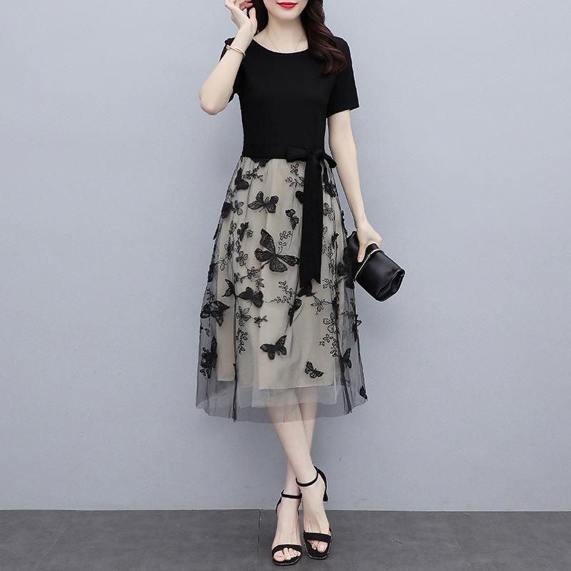 Embroidered Mesh Dress Women's Short Sleeve 2021 Summer New Celebrity Style Chiffon Fairy Dress