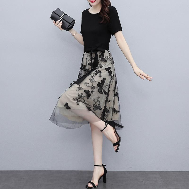 Embroidered Mesh Dress Women's Short Sleeve 2021 Summer New Celebrity Style Chiffon Fairy Dress
