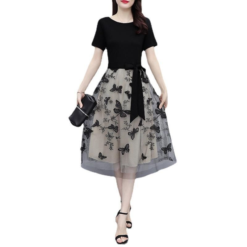 Embroidered Mesh Dress Women's Short Sleeve 2021 Summer New Celebrity Style Chiffon Fairy Dress