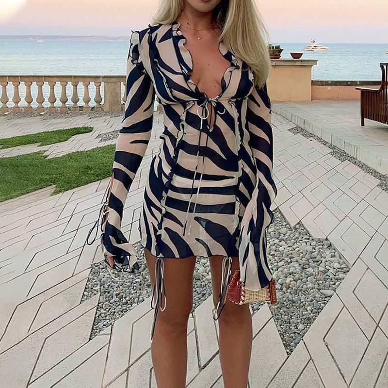 2022 Summer Beach Dress Printed Long Sleeve Ruffle Mesh Tight Bandage Perspective Sexy Dress