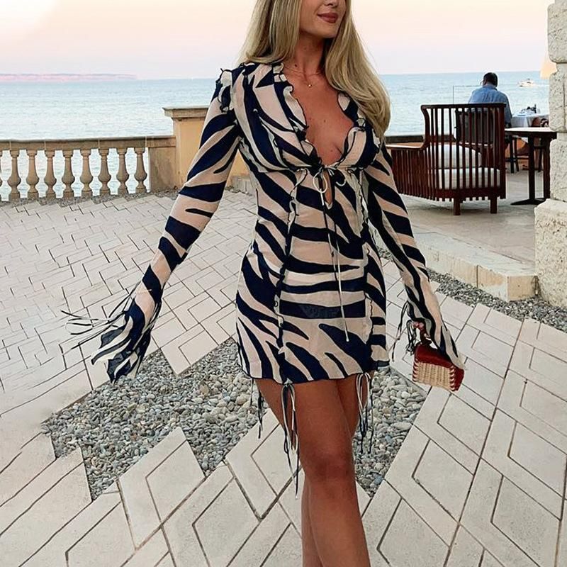 2022 Summer Beach Dress Printed Long Sleeve Ruffle Mesh Tight Bandage Perspective Sexy Dress