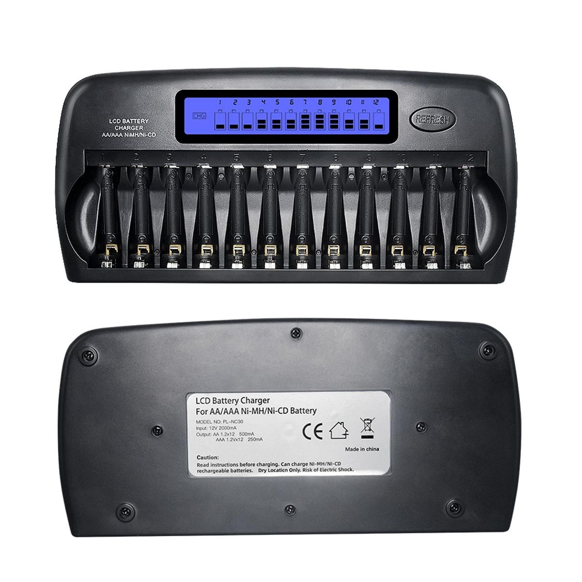 PL-NC30 Universal Intelligent Battery Charger 4 Inch LCD Display Speedy Smart Charger w/ 12 Battery Slots for 1.2V Ni-MH Ni-CD AAA AA Batteries EU Plug