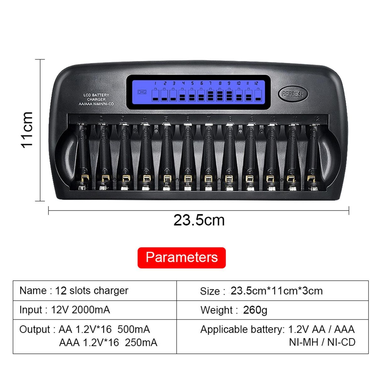PL-NC30 Universal Intelligent Battery Charger 4 Inch LCD Display Speedy Smart Charger w/ 12 Battery Slots for 1.2V Ni-MH Ni-CD AAA AA Batteries EU Plug