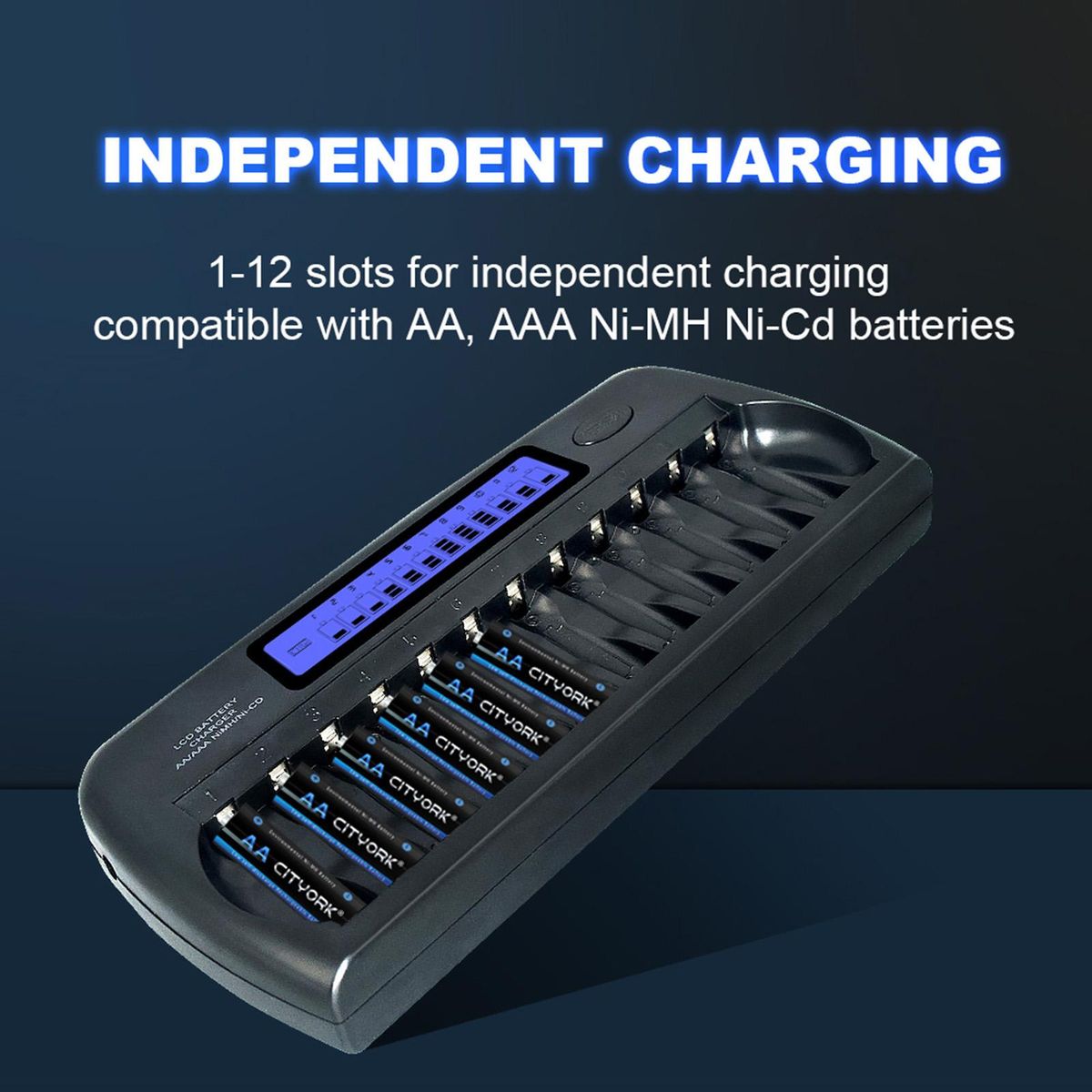 PL-NC30 Universal Intelligent Battery Charger 4 Inch LCD Display Speedy Smart Charger w/ 12 Battery Slots for 1.2V Ni-MH Ni-CD AAA AA Batteries EU Plug