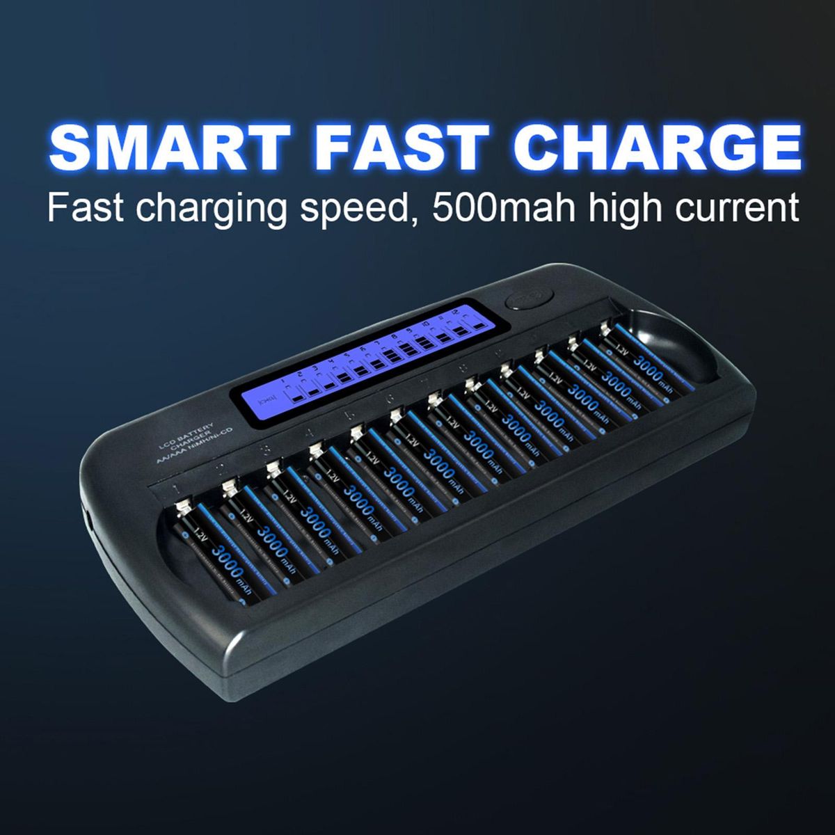 PL-NC30 Universal Intelligent Battery Charger 4 Inch LCD Display Speedy Smart Charger w/ 12 Battery Slots for 1.2V Ni-MH Ni-CD AAA AA Batteries EU Plug