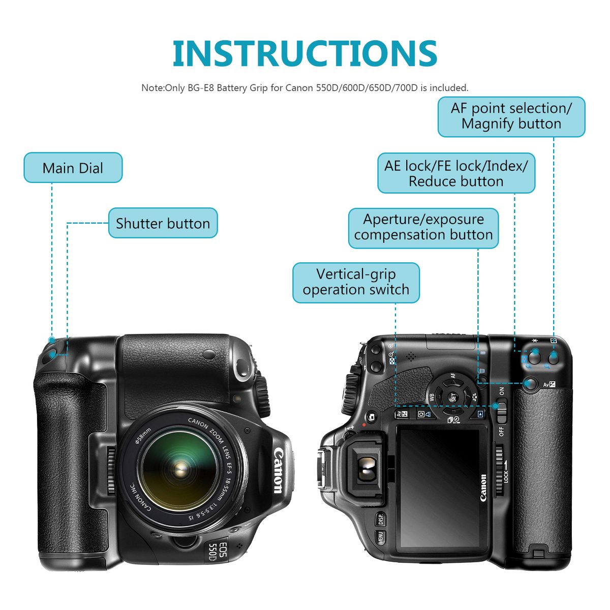 BG-E8 Replacement Battery Grip For Canon EOS 550D 600D 650D 700D / T2i T3i T4i T5i