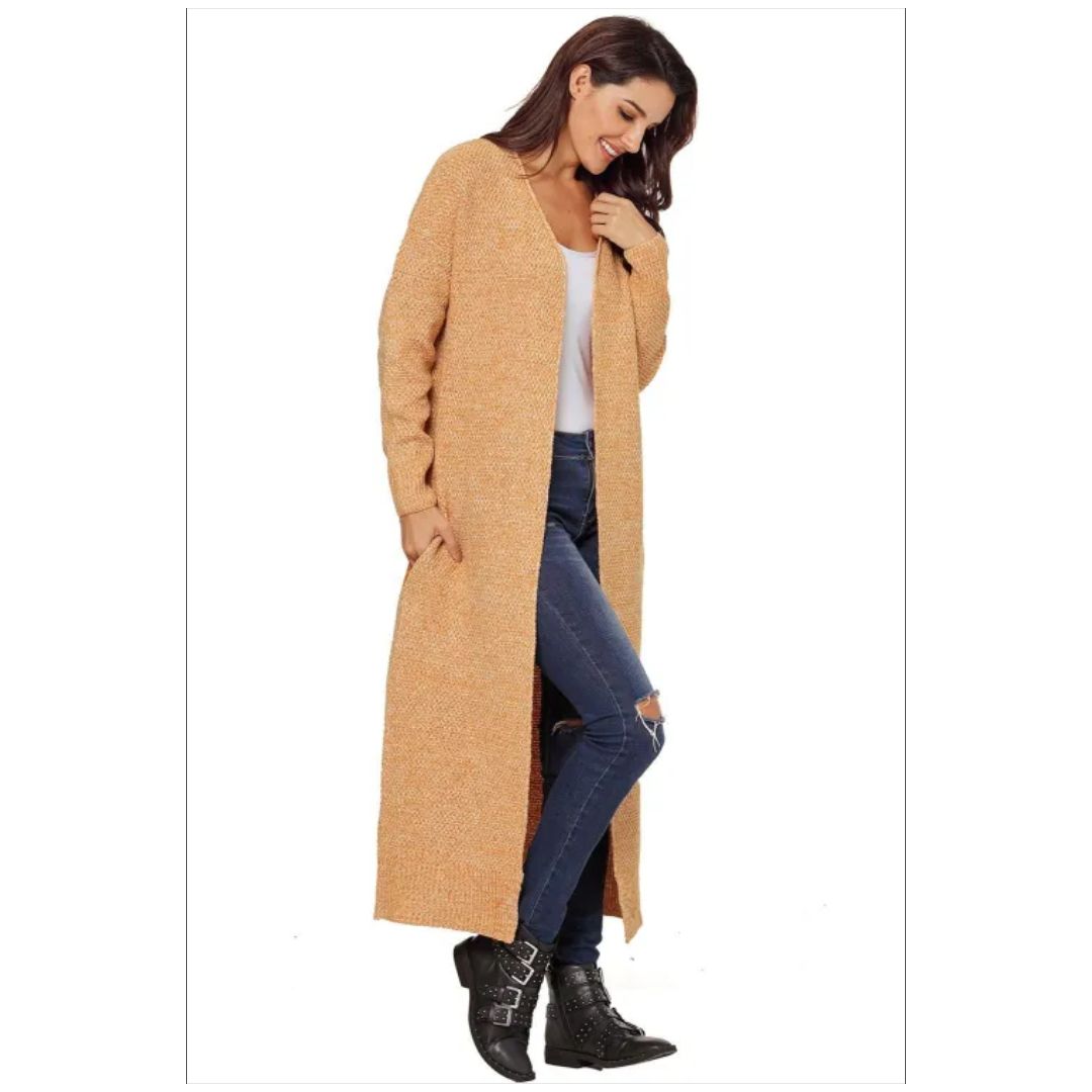 R Yellow Open Front Knit Long Cardigan