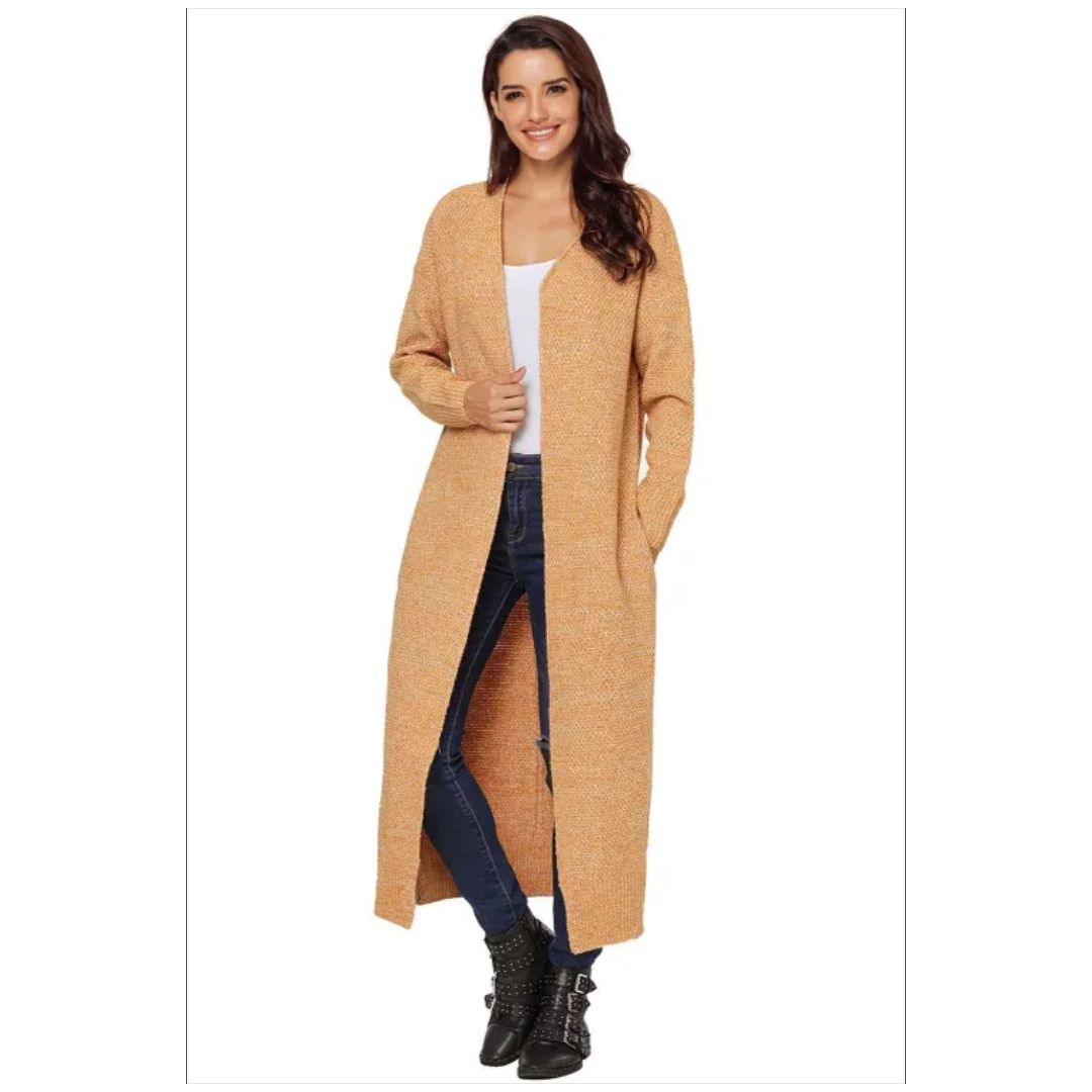 R Yellow Open Front Knit Long Cardigan