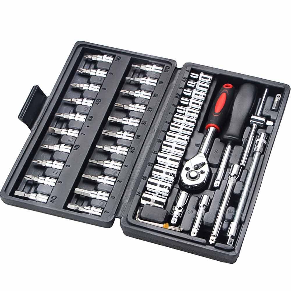 Universal Socket Wrench 46 Pieces Tool Set For Home & Auto Repair (1/4