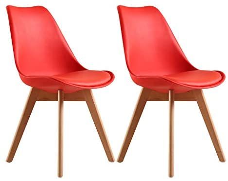 Padded Seat Plastic Chair In Wood Legs( Set Of 2) Red